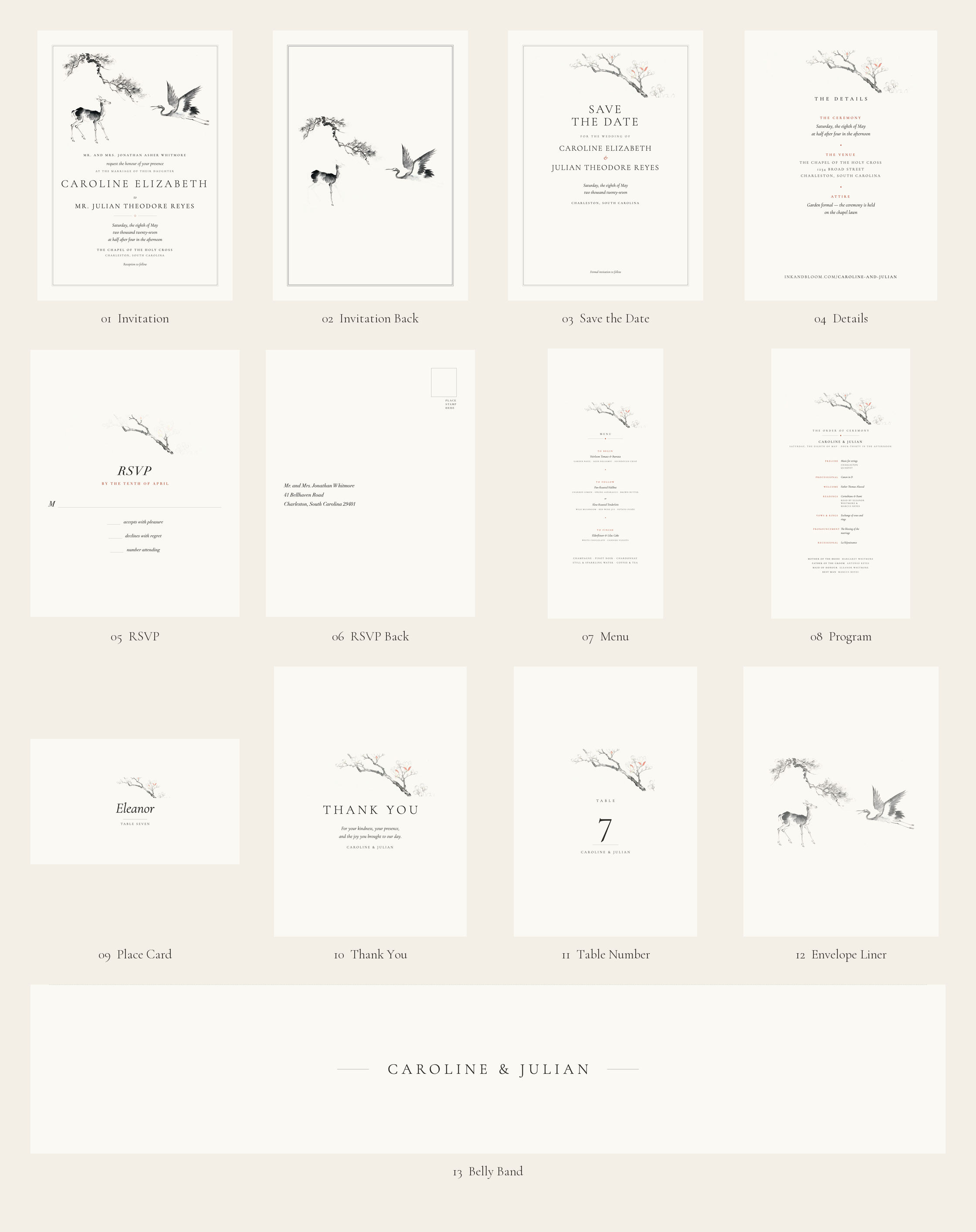 Deer & Crane wedding invitation suite — thirteen ink-wash pieces on ivory paper